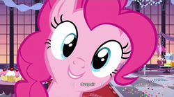 Size: 852x477 | Tagged: dead source, safe, screencap, pinkie pie, earth pony, pony, g4, season 2, sweet and elite, blue eyes, cupcake, despair, female, food, hi anon, looking at you, mare, meme, pink coat, pink fur, pink hair, pink mane, pink pony, poofy hair, poofy mane, smiling, solo, youtube, youtube caption, youtube video