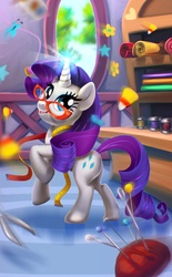 Size: 743x1200 | Tagged: safe, artist:mew, rarity, pony, unicorn, g4, candy, candy corn, carousel boutique, fabric, female, food, glasses, mare, measuring tape, pincushion, rarity's glasses, rearing, smiling, solo, thread