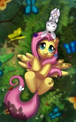 Size: 743x1200 | Tagged: safe, artist:mew, angel bunny, fluttershy, butterfly, pegasus, pony, rabbit, g4, animal, clock, cute, duo, female, forest, high angle, mare, on back, shyabetes, smiling, underhoof
