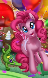 Size: 743x1200 | Tagged: safe, artist:mew, gummy, pinkie pie, earth pony, pony, g4, balloon, biting, cupcake, female, floating, happy, mare, open mouth, open smile, photoshop, smiling, sugarcube corner, tail bite, then watch her balloons lift her up to the sky