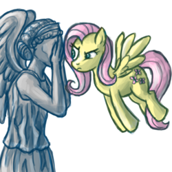 Size: 500x500 | Tagged: artist needed, safe, fluttershy, pegasus, pony, g4, covering eyes, crossover, doctor who, female, flying, mare, simple background, the stare, weeping angel, white background