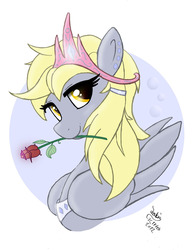 Size: 920x1200 | Tagged: safe, artist:joakaha, derpy hooves, pegasus, pony, g4, crown, female, flower, flower in mouth, hair tie, jewelry, mare, mouth hold, princess, rose, solo, tiara, underp