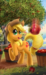 Size: 743x1200 | Tagged: safe, artist:mew, applejack, earth pony, pony, g4, apple, apple tree, crepuscular rays, female, mare, motion blur, rearing, smiling, solo, tree