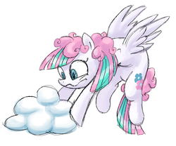 Size: 1022x849 | Tagged: safe, artist:needsmoarg4, blossomforth, pegasus, pony, g4, alternate hairstyle, cloud, female, flying, mare, simple background, solo, wavy mouth, white background