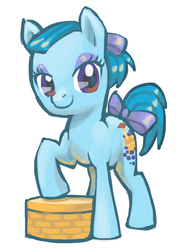 Size: 683x960 | Tagged: safe, artist:needsmoarg4, blueberry baskets, earth pony, pony, g1, g4, basket, female, g1 to g4, generation leap, hair bow, mare, simple background, smiling, solo, tail bow, white background