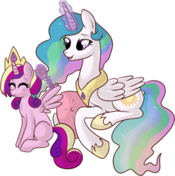 Size: 644x648 | Tagged: safe, artist:lulubell, princess cadance, princess celestia, alicorn, pony, g4, aunt and niece, brush, brushie, cute, cutedance, cutelestia, duo, duo female, female, filly, filly cadance, foal, mare, momlestia, pillow, prone, simple background, sitting, smiling, transparent background, young, younger
