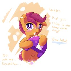 Size: 760x760 | Tagged: dead source, safe, artist:haute-claire, scootaloo, pegasus, pony, g4, abstract background, bandaid, bandaid on nose, bipedal, blushing, cute, cutealoo, female, filly, helmet, it was me, scootalove, solo