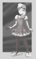 Size: 458x750 | Tagged: safe, artist:mew, sweetie belle, human, g4, clothes, dress, female, humanized, microphone, monochrome, pantyhose, slippers, solo