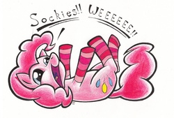 Size: 1000x675 | Tagged: safe, artist:aqnichols, artist:beechsprout, pinkie pie, earth pony, pony, g4, artifact, clothes, cute, dialogue, diapinkes, female, lying down, mare, on back, simple background, sockies, socks, solo, striped socks, traditional art, white background