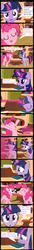 Size: 447x3301 | Tagged: safe, artist:deviantdalton, pinkie pie, twilight sparkle, earth pony, pony, unicorn, g4, clone, comic, duplication, female, golden oaks library, hilarious in hindsight, magic, mare, self ponidox, too much pink energy is dangerous