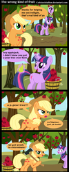 Size: 615x1536 | Tagged: safe, artist:coltsteelstallion, applejack, twilight sparkle, earth pony, pony, unicorn, g4, apple, axe, comic, duo, duo female, female, food, harsher in hindsight, hilarious in hindsight, implied pear butter, mare, orchard, pear, pear tree, pearlarious in hindsight, that pony sure does hate pears, this will end in tears, tree, unicorn twilight