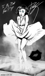 Size: 450x750 | Tagged: safe, artist:scorpiordinance, rarity, human, g4, breasts, clothes, dress, female, humanized, marilyn monroe, monochrome, movie reference, noir dash, skirt blow, solo, the seven year itch