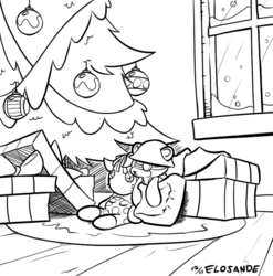 Size: 784x793 | Tagged: safe, artist:elosande, smarty pants, g4, christmas, christmas tree, crossover, holiday, monochrome, no pony, present, snow, team fortress 2, teddy roosebelt, tree, window