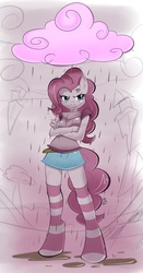 Size: 627x1200 | Tagged: safe, artist:dragontheshadows, pinkie pie, earth pony, anthro, unguligrade anthro, g4, chocolate rain, clothes, cloud, cross-popping veins, crossed arms, discorded, female, frown, meanie pie, socks, solo, striped socks