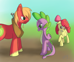 Size: 1291x1084 | Tagged: safe, artist:sharpy, apple bloom, big macintosh, spike, dragon, earth pony, hybrid, pony, g4, female, frown, glare, gradient background, gritted teeth, interspecies, interspecies offspring, looking down, male, mare, mommabloom, nervous, offspring, ponies breeding dragons, pregnant, raised hoof, ship:spikebloom, shipping, stallion, straight, sweat, this will end in marriage