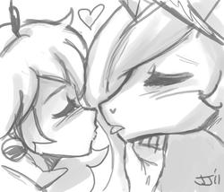 Size: 700x600 | Tagged: safe, artist:johnjoseco, princess celestia, alicorn, human, pony, g4, blushing, crossover, crossover shipping, eyes closed, female, grayscale, heart, human female, human on pony action, imminent kissing, kissing, lesbian, mare, mare on human female, monochrome, princess peach, shipping, super mario bros.