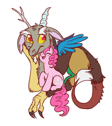 Size: 444x500 | Tagged: safe, artist:lulubell, discord, pinkie pie, draconequus, earth pony, pony, g4, blushing, cute, discute, duo, eyes closed, female, floppy ears, fluffy, grin, looking at you, male, mare, neck nuzzle, nuzzling, open mouth, open smile, prone, raised hoof, ship:discopie, shipping, simple background, sitting, size difference, smiling, smiling at you, straight, white background