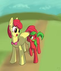 Size: 719x840 | Tagged: safe, artist:sharpy, apple bloom, oc, dracony, earth pony, hybrid, pony, g4, bowtie, duo, female, foal, interspecies, interspecies offspring, looking at each other, male, mare, mother and son, offspring, older, open mouth, parent:apple bloom, parent:spike, parents:spikebloom, raised hoof, slit pupils, smiling