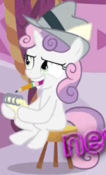 Size: 257x424 | Tagged: safe, screencap, sweetie belle, pony, unicorn, g4, ponyville confidential, season 2, all new, animated, cropped, eyebrow wiggle, eyebrows, fedora, female, filly, gif, hat, hay, mouth hold, notebook, pencil, sitting, solo, stool, text