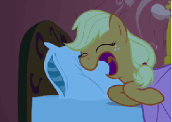 Size: 350x250 | Tagged: safe, screencap, applejack, earth pony, pony, g4, look before you sleep, season 1, animated, bed, eyes closed, fake sleeping, female, gif, golden oaks library, hatless, mare, missing accessory, on side, open mouth, pillow, sleeping, snoring, solo