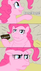 Size: 1196x2080 | Tagged: safe, artist:jarntazecht, doomie, pinkie pie, changeling, earth pony, pony, a canterlot wedding, g4, burn, cake, comic, disguise, disguised changeling, do me, duo, fat, female, mare, narrowed eyes, parody, pudgy pie, rekt, scene parody