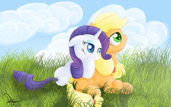 Size: 1440x900 | Tagged: safe, artist:twilightsquare, applejack, rarity, earth pony, pony, unicorn, g4, cuddling, female, grass, lesbian, mare, pony pillow, prone, ship:rarijack, shipping