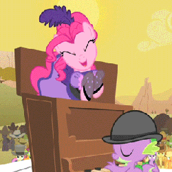 Size: 320x320 | Tagged: safe, screencap, applejack, bon bon, braeburn, carrot top, golden harvest, pinkie pie, spike, sweetie drops, twilight sparkle, bison, buffalo, dragon, earth pony, pony, unicorn, g4, over a barrel, season 1, animated, eyes closed, female, gif, hat, male, mare, musical instrument, piano, puffy sleeves, saloon dress, saloon pinkie, unicorn twilight, unnamed buffalo, unnamed character, you gotta share