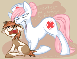 Size: 800x622 | Tagged: safe, artist:steeve, nurse redheart, pipsqueak, earth pony, pony, g4, colt, female, male, mare, mouth hold, needle, syringe, trypanophobia