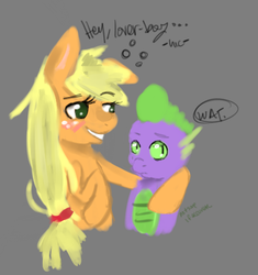 Size: 424x451 | Tagged: safe, artist:saamiskalla, applejack, spike, dragon, earth pony, pony, g4, bipedal, blushing, drunk, drunk aj, drunk bubbles, female, hug, male, mare, ship:applespike, shipping, straight