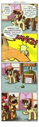 Size: 504x1610 | Tagged: safe, artist:emlan, apple bloom, applejack, big macintosh, oc, oc:pear blossom, earth pony, pony, g4, 4 panel comic, 4koma, apple family, apple mafia, apple siblings, applejerk, appul, baseball bat, cart, comic, dark comedy, featured image, female, filly, freckles, grammar error, group, hat, hilarious in hindsight, intimidating, italian, mafia, male, mare, misspelling, mouth hold, pear, ponyville, punch, quartet, scared, scary, stall, stallion, sweat, that pony sure does hate pears, this will end in pain, working, wrong neighborhood