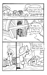 Size: 561x900 | Tagged: safe, artist:elosande, applejack, rainbow dash, earth pony, pegasus, pony, g4, apple, barn, basket, comic, duo, female, food, mare, monochrome