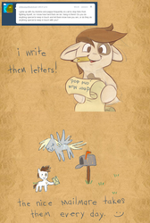 Size: 1024x1527 | Tagged: safe, artist:pashapup, derpy hooves, pipsqueak, earth pony, pegasus, pony, ask pipsqueak the pirate, g4, ask, colt, comic, duo, female, letter, male, mare, mouth hold, no pupils, pencil