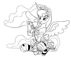 Size: 1280x1033 | Tagged: dead source, safe, artist:mew, princess luna, alicorn, pony, g4, blushing, clothes, cute, dress, female, flower, flower in hair, grin, mare, monochrome, sitting, smiling, socks, solo, spread wings, squee, striped socks, underhoof