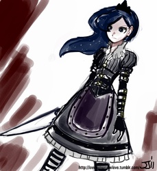 Size: 914x1000 | Tagged: safe, artist:johnjoseco, princess luna, human, g4, alice in wonderland, alice: madness returns, clothes, colored, cosplay, costume, crossover, female, humanized, solo, vorpal blade, weapon
