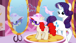 Size: 1719x968 | Tagged: dead source, safe, artist:immortaltanuki, rarity, twist, earth pony, pony, unicorn, g4, carousel boutique, duo, duo female, female, filly, glasses, hat, makeover, mare, mirror, needle