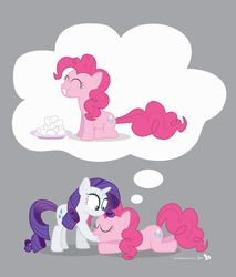 Size: 1050x1232 | Tagged: safe, artist:dm29, pinkie pie, rarity, earth pony, pony, unicorn, g4, attempted vore, dream, duo, duo female, female, gray background, hoof in mouth, mare, marshmallow, nom, prone, rarity is a marshmallow, simple background, thought bubble