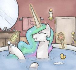 Size: 730x669 | Tagged: safe, artist:soulspade, princess celestia, alicorn, pony, g4, bath, bathtub, bubble, candle, eyes closed, female, happy, levitation, magic, magic aura, mare, rubber duck, solo, telekinesis