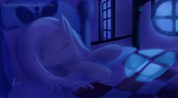 Size: 960x529 | Tagged: safe, artist:grissaecrim, fluttershy, pegasus, pony, g4, bed, female, mare, night, sleeping, smiling, solo