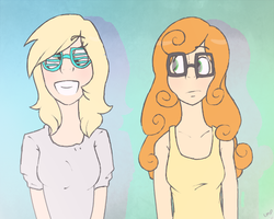 Size: 500x400 | Tagged: safe, artist:true-gentlemen, carrot top, derpy hooves, golden harvest, human, g4, duo, duo female, female, glasses, hipster, humanized