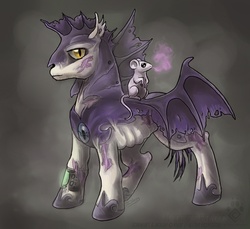 Size: 780x713 | Tagged: safe, artist:idess, oc, oc only, oc:lionheart, oc:mouse, bat pony, dragon, ghoul, mouse, pony, fallout equestria, g4, armor, canterlot ghoul, fanfic, fanfic art, gray background, night guard, pink cloud (fo:e), pipboy, pipbuck, pipleg, simple background