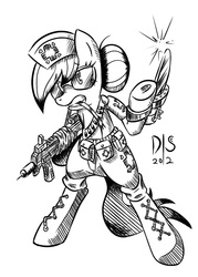 Size: 500x700 | Tagged: safe, artist:discommunicator, nurse redheart, earth pony, pony, g4, badass, bipedal, female, gun, mare, monochrome, solo, weapon