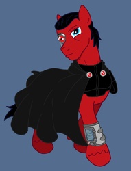 Size: 900x1176 | Tagged: safe, artist:irkengeneral, oc, oc only, oc:red eye, cyborg, earth pony, pony, fallout equestria, blue background, cape, clothes, earth pony oc, fanfic, fanfic art, hooves, male, pipbuck, simple background, solo, stallion