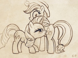 Size: 800x600 | Tagged: safe, artist:kp-shadowsquirrel, applejack, rarity, earth pony, pony, unicorn, g4, applebutt, butt, female, lesbian, licking, looking back, mare, monochrome, plot, ship:rarijack, shipping, shocked, sketch, tongue out