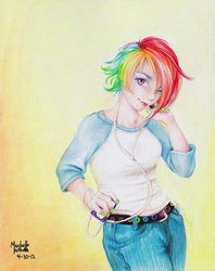Size: 900x1134 | Tagged: safe, artist:shondrea, rainbow dash, human, g4, earbuds, female, gradient background, humanized, short hair, solo