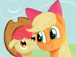 Size: 800x600 | Tagged: safe, artist:tggeko, apple bloom, applejack, earth pony, pony, g4, accessory swap, apple sisters, cheek to cheek, duo, female, filly, foal, hair bow, hat, mare, siblings, sisters, smiling
