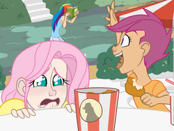Size: 1024x768 | Tagged: safe, artist:thelivingmachine02, fluttershy, rainbow dash, scootaloo, human, g4, book, colored pupils, covering face, female, fluttershy is not amused, food, fried chicken, funny, horrified, humanized, implied cannibalism, meat, sad, scootachicken, that pony sure does love animals, unamused, vegan, vegetarian