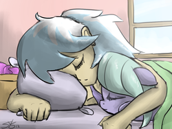 Size: 1200x900 | Tagged: safe, artist:speccysy, cloudchaser, flitter, human, pegasus, pony, g4, bed, duo, duo female, female, hug, humanized, mare, pillow, sleeping