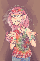 Size: 489x750 | Tagged: safe, artist:steeve, fluttershy, human, g4, abstract background, bra, bra strap, cigar, clothes, drugs, ear piercing, earring, female, flutterhigh, high, hippie, hippieshy, humanized, jewelry, off shoulder, peace sign, piercing, smoke, smoking, solo, underwear
