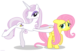 Size: 3000x2000 | Tagged: safe, artist:larsurus, part of a set, fleur-de-lis, fluttershy, pegasus, pony, unicorn, g4, duo, duo female, eyeshadow, female, floppy ears, height difference, high res, lidded eyes, makeup, mare, nervous, part of a series, physique difference, pose, raised hoof, simple background, slender, smiling, thin, transparent background, vector, wavy mouth