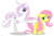 Size: 3000x2000 | Tagged: safe, artist:larsurus, part of a set, fleur-de-lis, fluttershy, pegasus, pony, unicorn, g4, duo, duo female, eyeshadow, female, floppy ears, height difference, high res, lidded eyes, makeup, mare, nervous, part of a series, physique difference, pose, raised hoof, simple background, slender, smiling, thin, transparent background, vector, wavy mouth